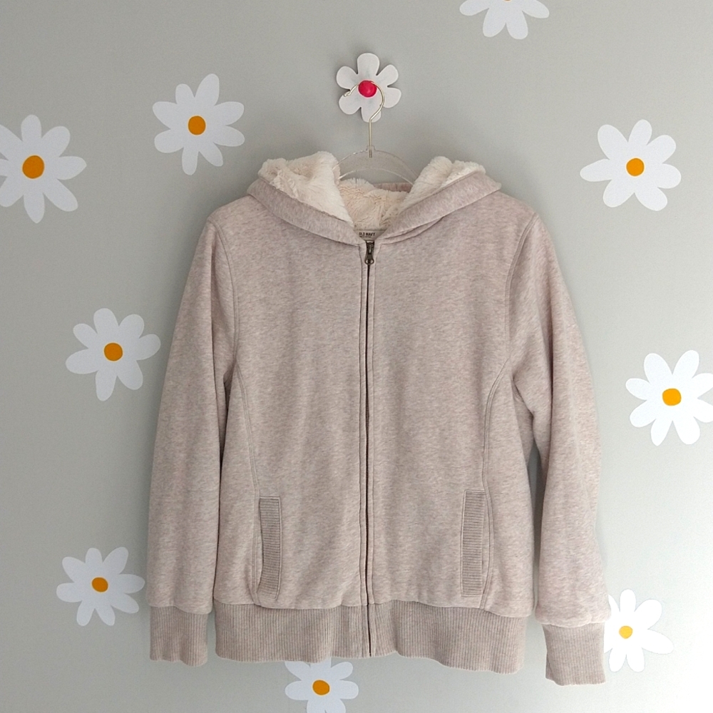 Old Navy Oatmeal Beige Cozy White Fur-Lined Zip-Up Hoodie Jacket